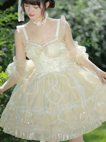 スイートロリータJSKドレスグレーズファンタジーノースリーブフリル刺繍蝶結び4色