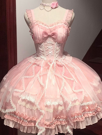 ピンクスイートロリータJSKドレスグレーズファンタジーノースリーブフリル刺繍蝶結び4色