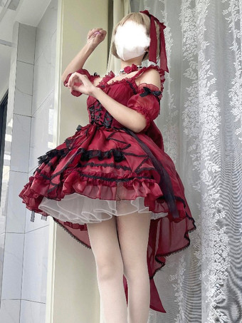 ワインレッド スイートロリータJSKドレスグレーズファンタジーノースリーブフリル刺繍蝶結び4色