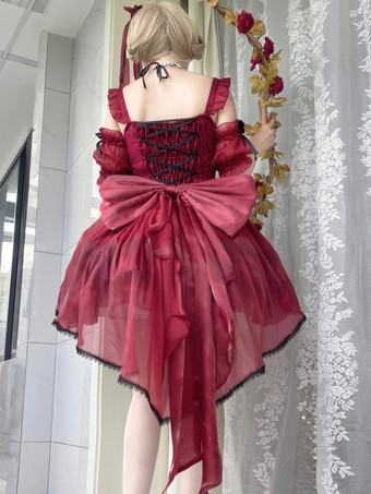 スイートロリータJSKドレスグレーズファンタジーノースリーブフリル刺繍蝶結び4色