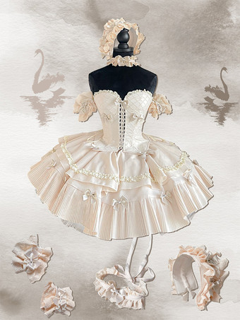 アプリコットスイートロリータスーツ ビームベスト、ふわふわスカート、ヘアバンド、ホルターネック、袖の5ピーススーツ