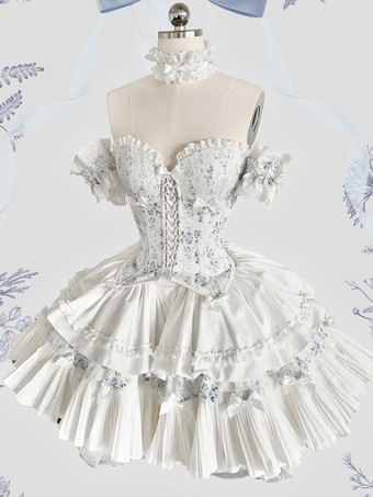 ライトスカイブルースイートロリータスーツ ビームベスト、ふわふわスカート、ヘアバンド、ホルターネック、袖の5ピーススーツ