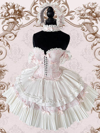 ピンクスイートロリータスーツ ビームベスト、ふわふわスカート、ヘアバンド、ホルターネック、袖の5ピーススーツ