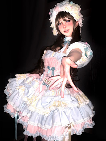 ピンクスイートロリータドレスJSKマルチレイヤーノースリーブ5ピーススーツ