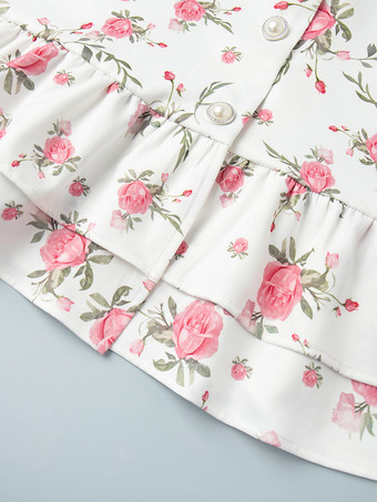 ピーターパンカラーとバックレースアップが付いた花柄パフスリーブミニドレス（2025年夏）