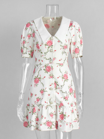 ピーターパンカラーとバックレースアップが付いた花柄パフスリーブミニドレス（2025年夏）