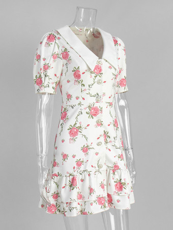 ピーターパンカラーとバックレースアップが付いた花柄パフスリーブミニドレス（2025年夏）