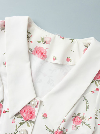 ピーターパンカラーとバックレースアップが付いた花柄パフスリーブミニドレス（2025年夏）