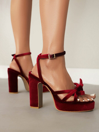 サテンハイヒールサンダル リボンプラットフォーム オープントゥ チャンキーヒール パーティーシューズ