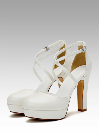 Weiße Hochzeitsschuhe Satin Plateau Runde Zehen Criss Cross Braut Pumps