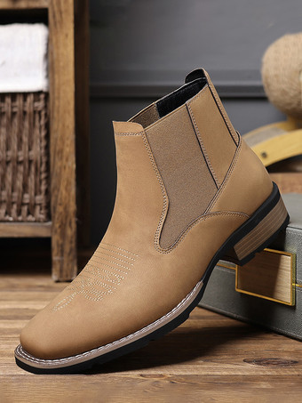 ラクダ色 メンズウエスタンカウボーイブーツ スクエアトゥ チェルシーブーツ アンクル カジュアル レトロ 刺繍ブーツ