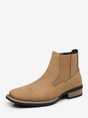 ブラウンメンズウエスタンカウボーイブーツ スクエアトゥ チェルシーブーツ アンクル カジュアル レトロ 刺繍ブーツ