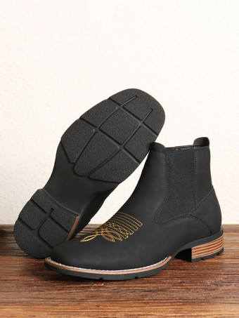 メンズウエスタンカウボーイブーツ スクエアトゥ チェルシーブーツ アンクル カジュアル レトロ 刺繍ブーツ