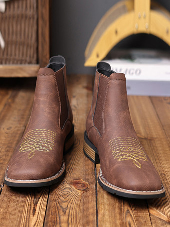 メンズウエスタンカウボーイブーツ スクエアトゥ チェルシーブーツ アンクル カジュアル レトロ 刺繍ブーツ