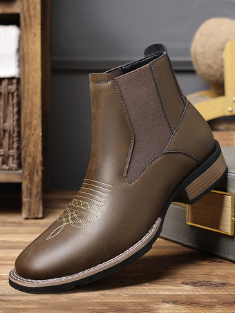 カーキ メンズウエスタンカウボーイブーツ スクエアトゥ チェルシーブーツ アンクル カジュアル レトロ 刺繍ブーツ