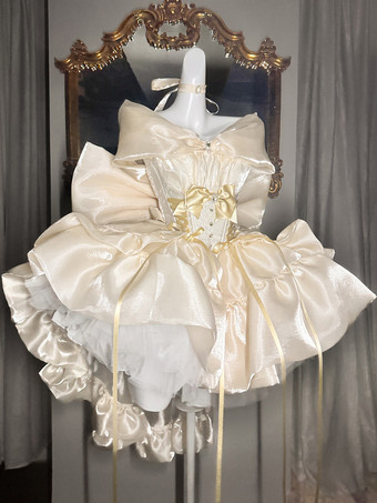 シャンパンカラーロリータドレス、オフショルダーの甘い妖精JSKプリンセスドレス、リボンとチョーカーとアームバンドのセットアップ