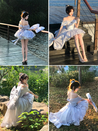 ロリータドレス、オフショルダーの甘い妖精JSKプリンセスドレス、リボンとチョーカーとアームバンドのセットアップ