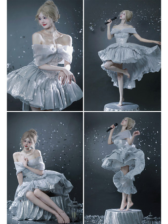 ロリータドレス、オフショルダーの甘い妖精JSKプリンセスドレス、リボンとチョーカーとアームバンドのセットアップ