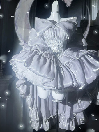 シルバー ロリータドレス、オフショルダーの甘い妖精JSKプリンセスドレス、リボンとチョーカーとアームバンドのセットアップ