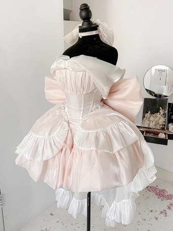 ライトピンクロリータドレス、オフショルダーの甘い妖精JSKプリンセスドレス、リボンとチョーカーとアームバンドのセットアップ