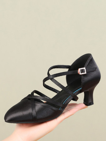 レディースダンスシューズ レッドサテン ミッドヒール ポインテッドトゥシューズ