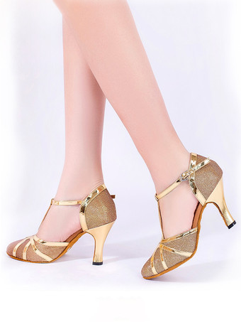 ゴールド レディースダンスシューズ ゴールドシャイニーメタリックミッドヒール ポインテッドトゥシューズ
