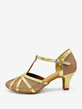 レディースダンスシューズ ゴールドシャイニーメタリックミッドヒール ポインテッドトゥシューズ