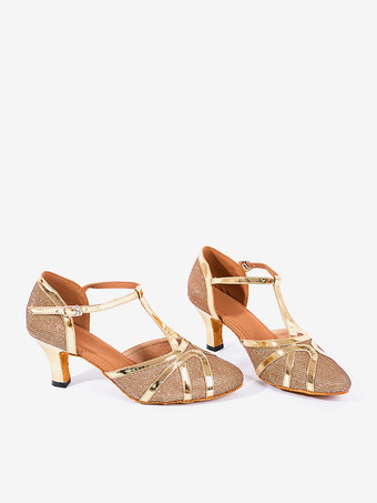 レディースダンスシューズ ゴールドシャイニーメタリックミッドヒール ポインテッドトゥシューズ