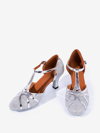 レディースダンスシューズ ゴールドシャイニーメタリックミッドヒール ポインテッドトゥシューズ