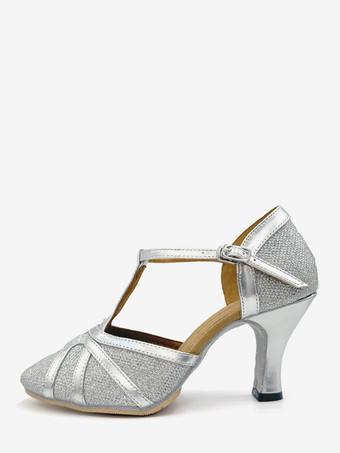 レディースダンスシューズ ゴールドシャイニーメタリックミッドヒール ポインテッドトゥシューズ