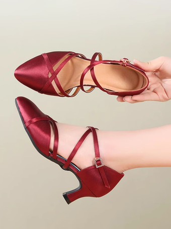 レディースダンスシューズ レッドサテン ミッドヒール ポインテッドトゥシューズ