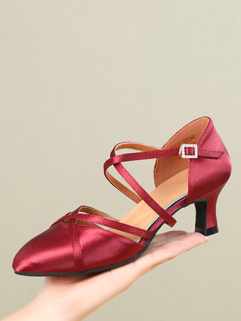 レディースダンスシューズ レッドサテン ミッドヒール ポインテッドトゥシューズ