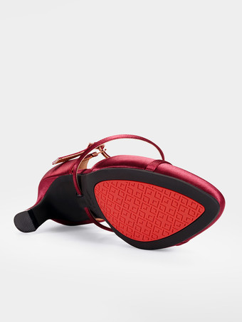 レディースダンスシューズ レッドサテン ミッドヒール ポインテッドトゥシューズ