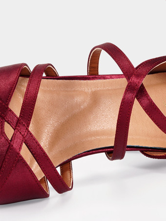 レディースダンスシューズ レッドサテン ミッドヒール ポインテッドトゥシューズ