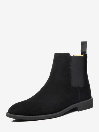 ブラック メンズチェルシーブーツ 伸縮性のあるバンデージ スエードレザー カジュアルシューズ