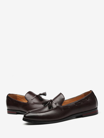 ブラウンメンズ タッセルローファー スリッポン ポインテッドトゥ フラットシューズ カジュアルシューズ