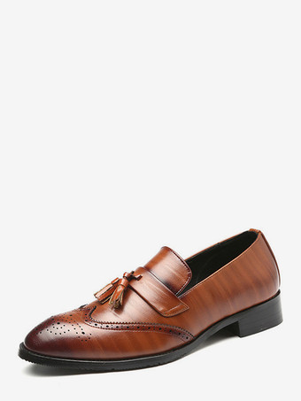 ブラウンメンズ タッセルローファー スリッポン ポインテッドトゥ ウィングチップ ブローグシューズ ローヒール ペニーローファー