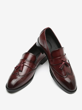 レッド メンズ タッセルローファー スリッポン ポインテッドトゥ ウィングチップ ブローグシューズ ローヒール ペニーローファー