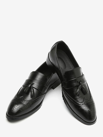 ブラック メンズ タッセルローファー スリッポン ポインテッドトゥ ウィングチップ ブローグシューズ ローヒール ペニーローファー