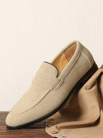 ライト アプリコットメンズ ペニーローファー PUベルベットレザー モックトゥ スリッポン カジュアルシューズ