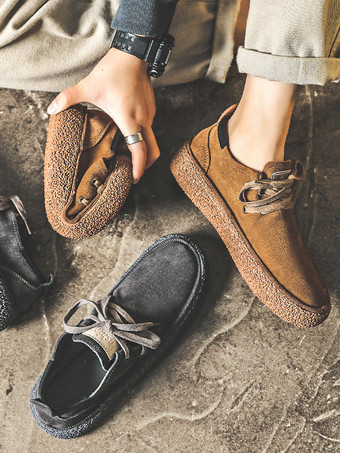 メンズ スエードレザーローファー レースアップ ラウンドトゥ レトロ プラットフォーム チャンキー カジュアルシューズ