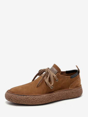 オレンジ メンズ スエードレザーローファー レースアップ ラウンドトゥ レトロ プラットフォーム チャンキー カジュアルシューズ