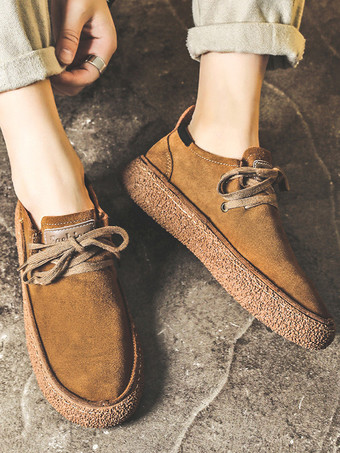 メンズ スエードレザーローファー レースアップ ラウンドトゥ レトロ プラットフォーム チャンキー カジュアルシューズ