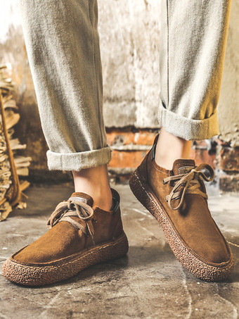 メンズ スエードレザーローファー レースアップ ラウンドトゥ レトロ プラットフォーム チャンキー カジュアルシューズ