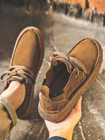 メンズ スエードレザーローファー レースアップ ラウンドトゥ レトロ プラットフォーム チャンキー カジュアルシューズ