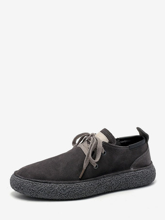 ダークグレー メンズ スエードレザーローファー レースアップ ラウンドトゥ レトロ プラットフォーム チャンキー カジュアルシューズ