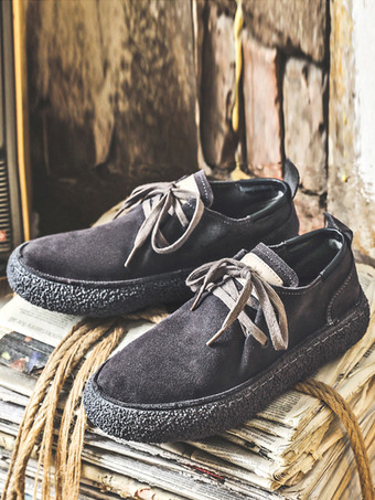 メンズ スエードレザーローファー レースアップ ラウンドトゥ レトロ プラットフォーム チャンキー カジュアルシューズ