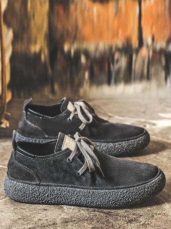 メンズ スエードレザーローファー レースアップ ラウンドトゥ レトロ プラットフォーム チャンキー カジュアルシューズ