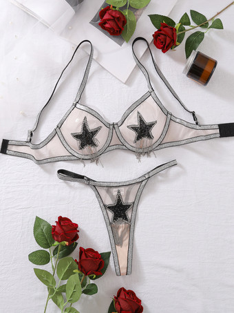 セクシーなメッシュランジェリー ブラック 大人用 ブラ＆ショーツ 2点セット