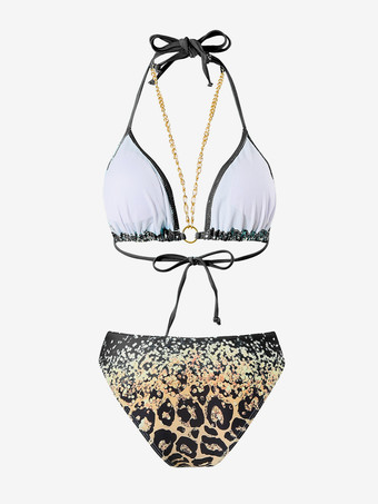 ホルターネックビキニとヒョウ柄ビーチカバーアップの3ピース水着セット 2025